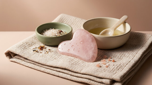 Pink bath salts and soap resting in bowls on a white towel, sugg