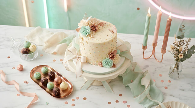 Elegant tiered wedding cake with pastel blue and gold accents, b