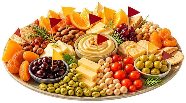 Gourmet Snack Platter with Hummus Cheese Fruits Nuts and Olives for Party Platters