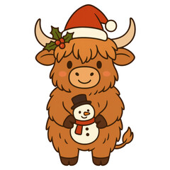 Obraz premium Highland Cow with Snowman: A charming Highland cow, adorned with a festive Santa hat and holly, holds a small snowman friend, ready for holiday cheer.