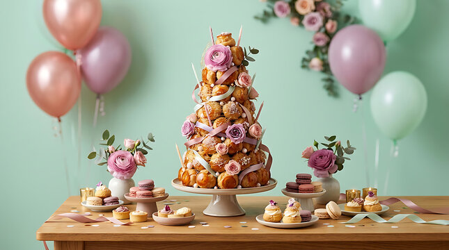 Colorful celebration party setup with tiered cake and balloons