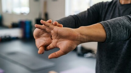 Fototapeta premium Man stretching his wrists in a fitness studio with exercise equipment