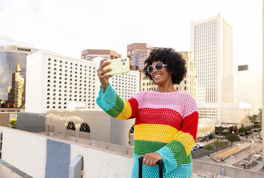 Style fashion Black woman selfie portrait city Phoenix skyline