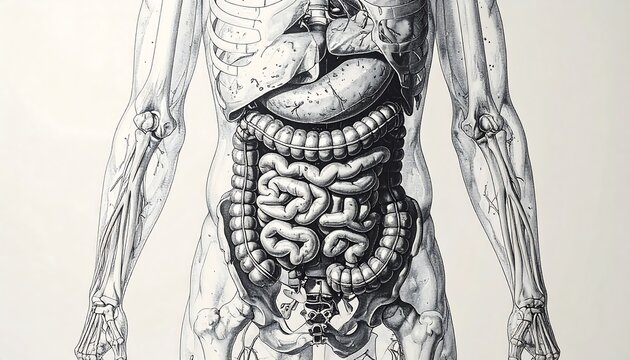 A detailed illustration of the human torso with exposed skeletal and digestive systems