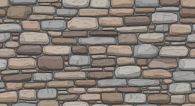 A detailed illustration of a rustic stone wall with varied shapes and colors of rocks.