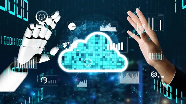 A captivating visual depicting the interaction between a human hand and a robotic hand set against a cloud computing background, showcasing advanced technology and data visualization elements. Xenic