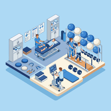 Rehabilitation center with patients undergoing physical therapy exercises