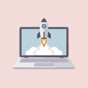 A digital illustration of a rocket launching from a laptop screen