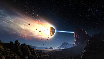 Asteroid explosion in space with mountain landscape