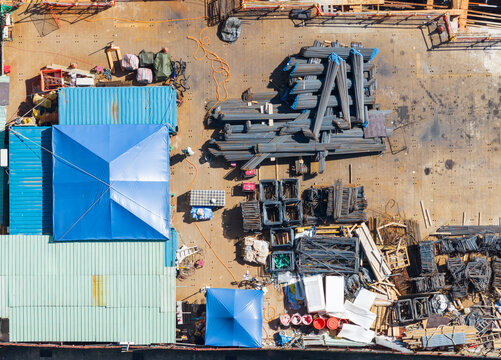 Aerial View Construction Site Rebar Stacks Materials