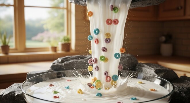 Froot Loops cereal bowl with milk pouring in kitchen