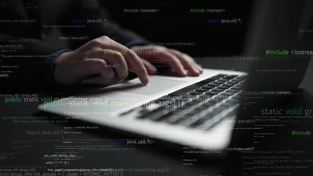 A close-up view of hands typing on a laptop, surrounded by programming code and digital data. This image represents technology, coding, and modern workspaces perfectly. Xenic