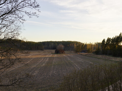 typical old finnish barn during spring in finland during evening