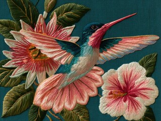 Fototapeta premium Colorful Bird and Tropical Flowers in Embroidered Needlework Art