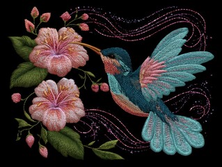 Fototapeta premium Embroidered Hummingbird Feed From Bloom on Black Background Design
