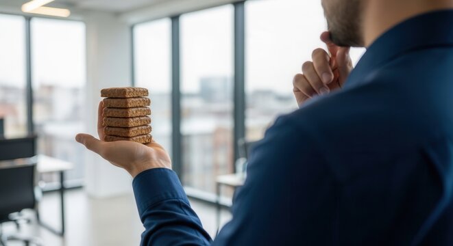 Businessman Holding Stack of Crackers in Modern Office Interior with City View
