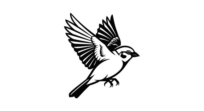 Graphic black and white sparrow bird illustration in flight