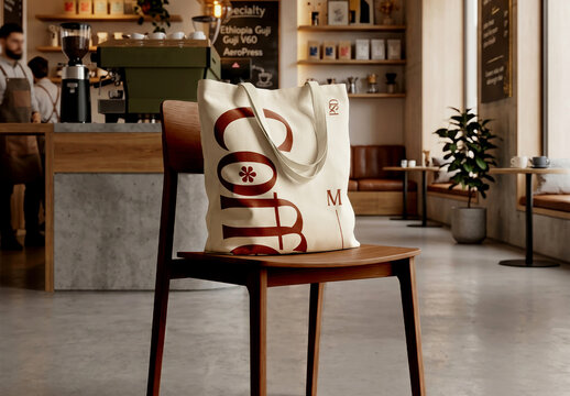 Canvas Tote Bag on Chair Coffee Shop Interior Mockup