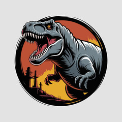 Fierce Dinosaur Illustration with City Background. © Margaretha
