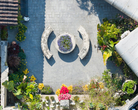 Aerial View of Colorful Courtyard Garden with Benches