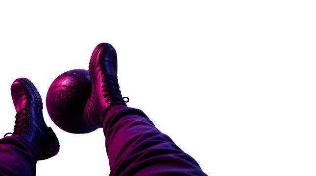Person Wearing Combat Boots Playing with Basketball Under Neon Lights