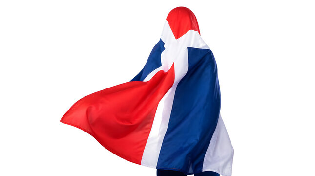 Person Wrapped in Dominican Republic Flag with Wind Movement