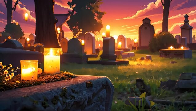 Glowing candles on gravestones in a peaceful cemetery at sunset