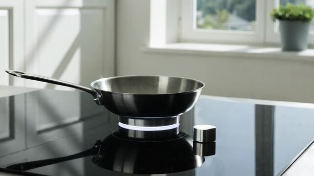 Medium shot of metal pan base featuring a glowing LED ring temperature sensor glowing softly while a hand gently adjusts the heat on a modern stove.