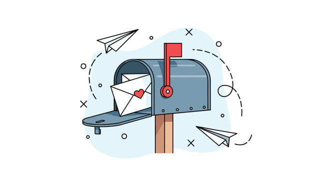 Traditional and modern mail communication concept showing a blue mailbox filled with envelopes and paper airplanes flying around.