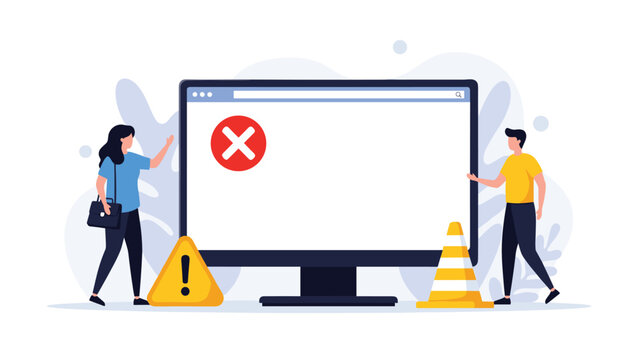 Website error and technical problem illustration showing a computer screen with a large red cross surrounded by warning cones and a caution sign.