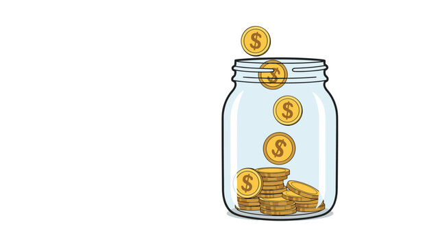 Savings and investment concept showing several gold dollar coins falling into a glass jar with coins already at the bottom.