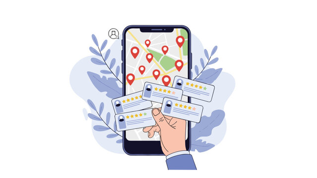 Hand holding customer testimonial rating cards over smartphone map application for local business search and evaluation.