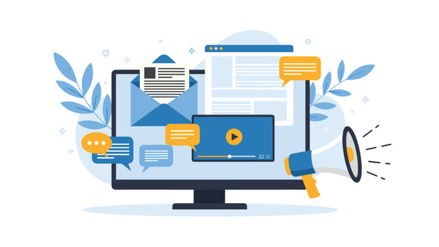 Laptop displaying digital marketing multi channel content with email video and megaphone for brand outreach strategy.