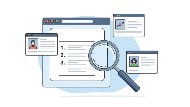 User profile evaluation and document inspection on a web browser window using a magnifying glass for detailed search.