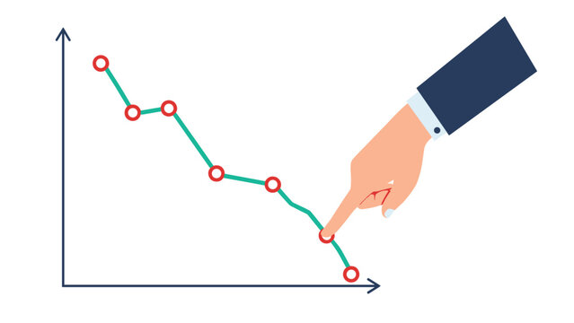 Professional hand pointing to a significant downward trend on a line graph representing financial loss or market decline.