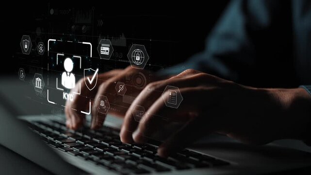 Digital KYC verification with biometric scan, ID authentication, and financial security icons representing identity verification, secure onboarding, fraud prevention, and compliance Marrow