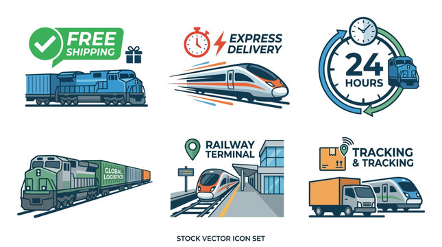 Collection of six vector icons depicting shipping and delivery services including trains, express delivery, 24-hour service, and tracking systems for logistics and transportation businesses
