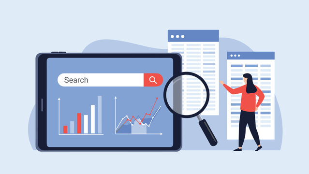 Data analysis and business reporting on a digital tablet with a female user checking complex spreadsheets and charts.