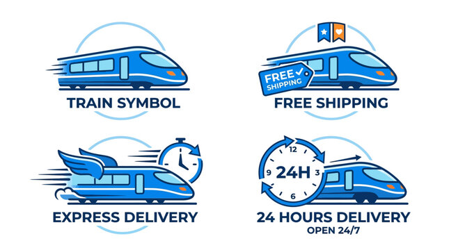 Collection of train icons representing train symbol, free shipping, express delivery, and 24 hour delivery services with speed lines and clocks