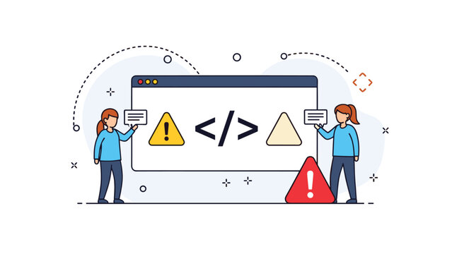 Software developers identify and troubleshoot programming errors in source code displayed on a large computer monitor.