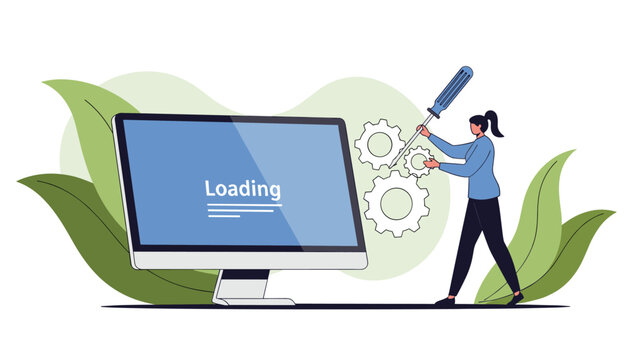 Website maintenance and system update in progress shown with a woman technician, mechanical gears, and a loading screen.