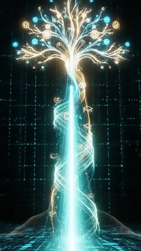 Digital Education Tree of Knowledge with Glowing Light Trails and Tech Icons