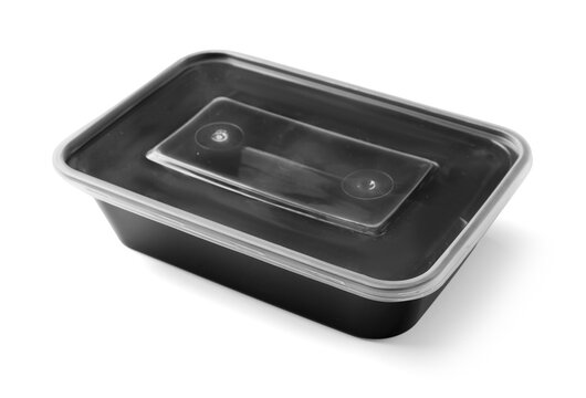 plastic container for food with lid isolated on white background, closeup