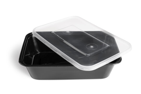 Plastic container for food with lid isolated on white background, closeup