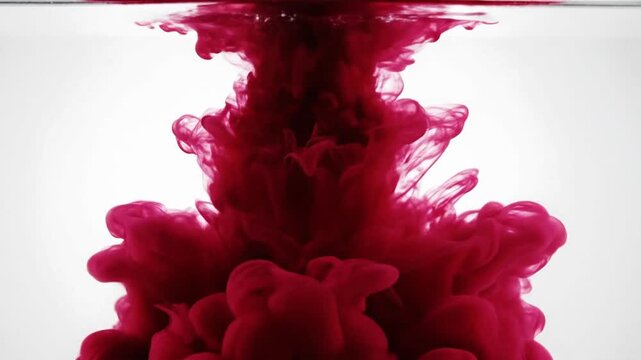 Red ink drops in clear water under white background at home