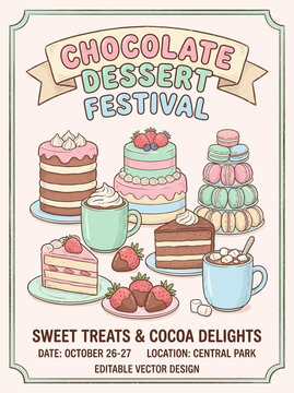 A vibrant illustration of assorted desserts, cakes, and drinks displayed at a festival in Central Park