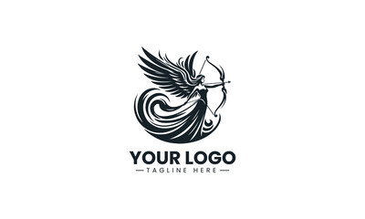 Fototapeta premium A fantasy angel archer with flowing wings is represented in minimalist black vector logo style