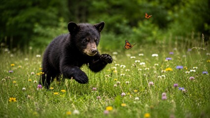 Naklejka premium A black bear cub chasing butterflies in a forest clearing