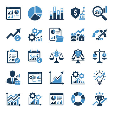 Financial Analysis Icons: Growth, Data, Strategy, Security, Law, and Success