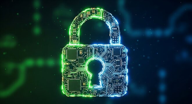 A glowing digital padlock, formed from intricate circuitry and microchips, symbolizes cybersecurity and data protection in a futuristic technological landscape.